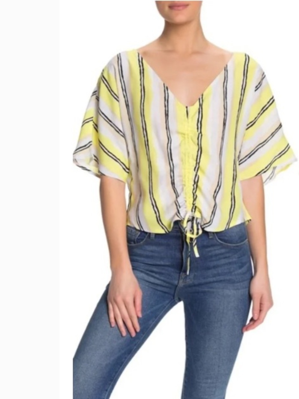Cupcakes and Cashmere Yellow Striped Cinch Front Top-Yellow-Size Large- NWT